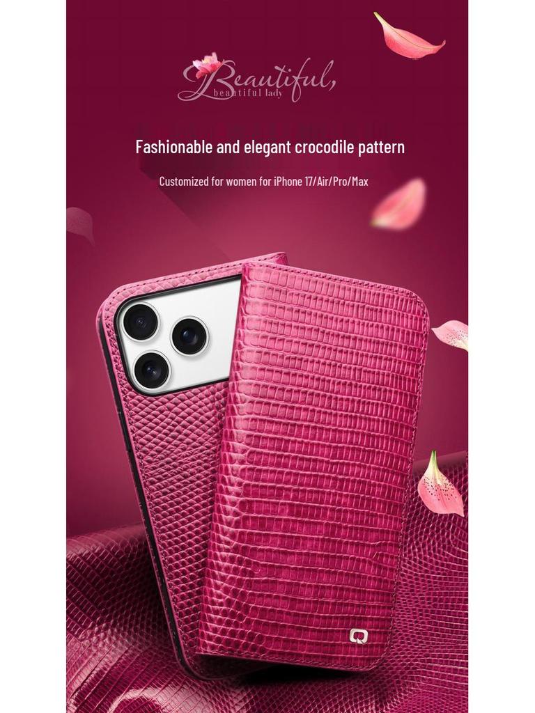 Qia Li Genuine Leather Flip Case for iPhone 17 Pro Max - Anti-Fall, Card Slot, Protective Cover