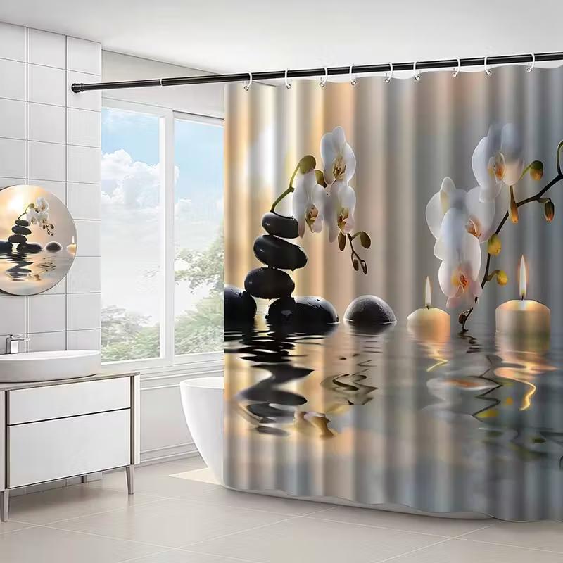 VIKAMA Zen Orchid Stone Pattern Shower Curtain Waterproof, Mould-Resistant, Light-Blocking Shower Curtain Bathroom Decor