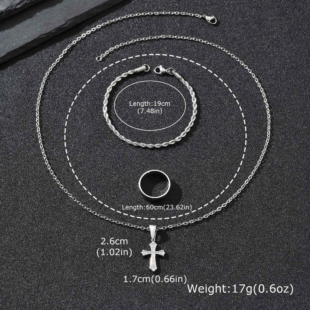 3pcs/set Men's Stylsh Cross Necklace Set,Stainless Steel Twistd Rope Chain Wristband,Cool Hip Hop Jewelry Set Gift