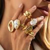 Temperament Baroque Imitation Pearl Ring Set, Hip-Hop Metal Hollow Smooth Surface Stacked Ring