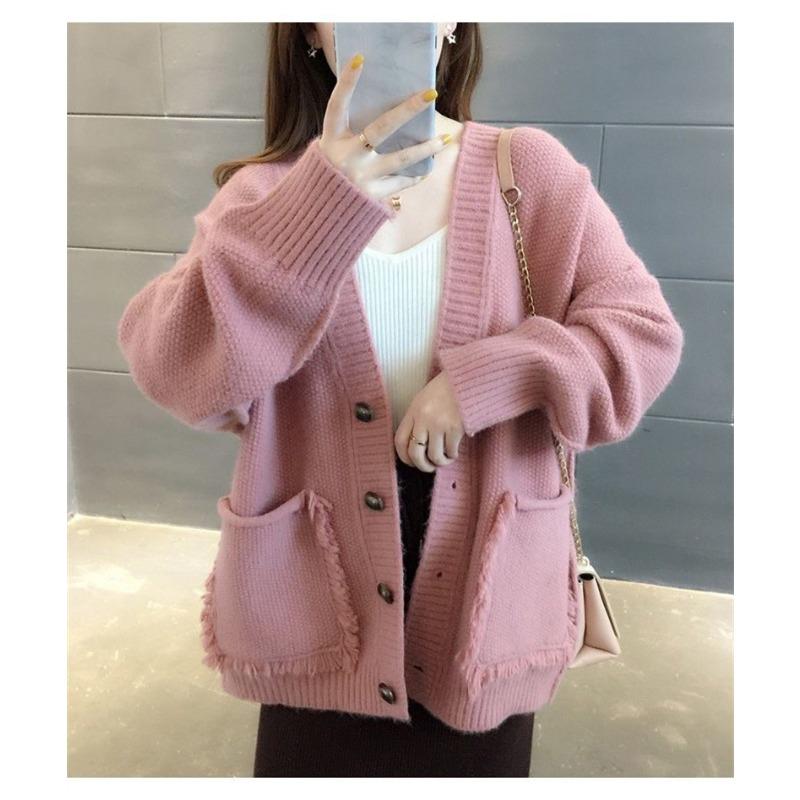 Lazy Wind Solid Color Fringe Sweater Jacket Women's Autumn Loose Single-breasted Knitted Cardigan