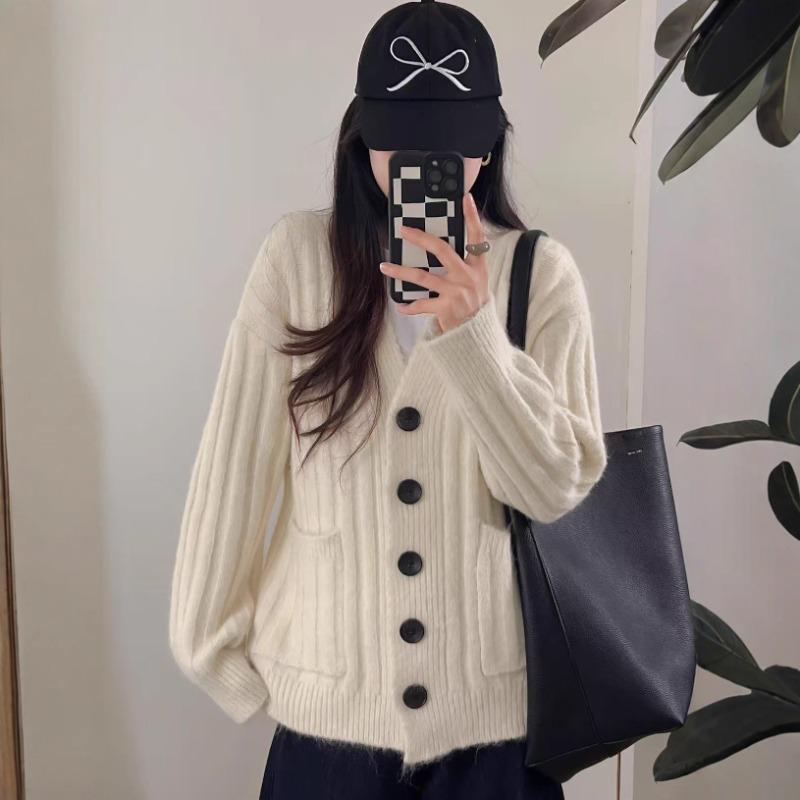 Autumn and winter wide and thin high-end medium and long knitted cardigan lazy wind soft waxy thickened v-neck sweater jacket women
