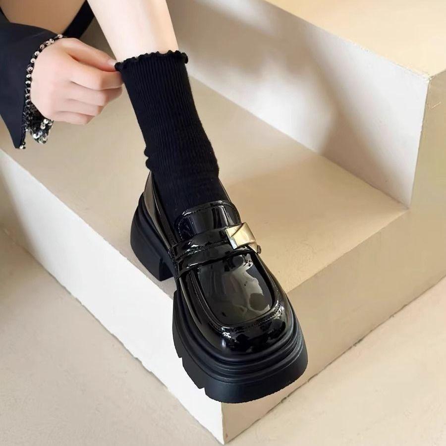 Black platform British style small leather shoes light luxury college style versatile one-pedal loafers Mary Jane