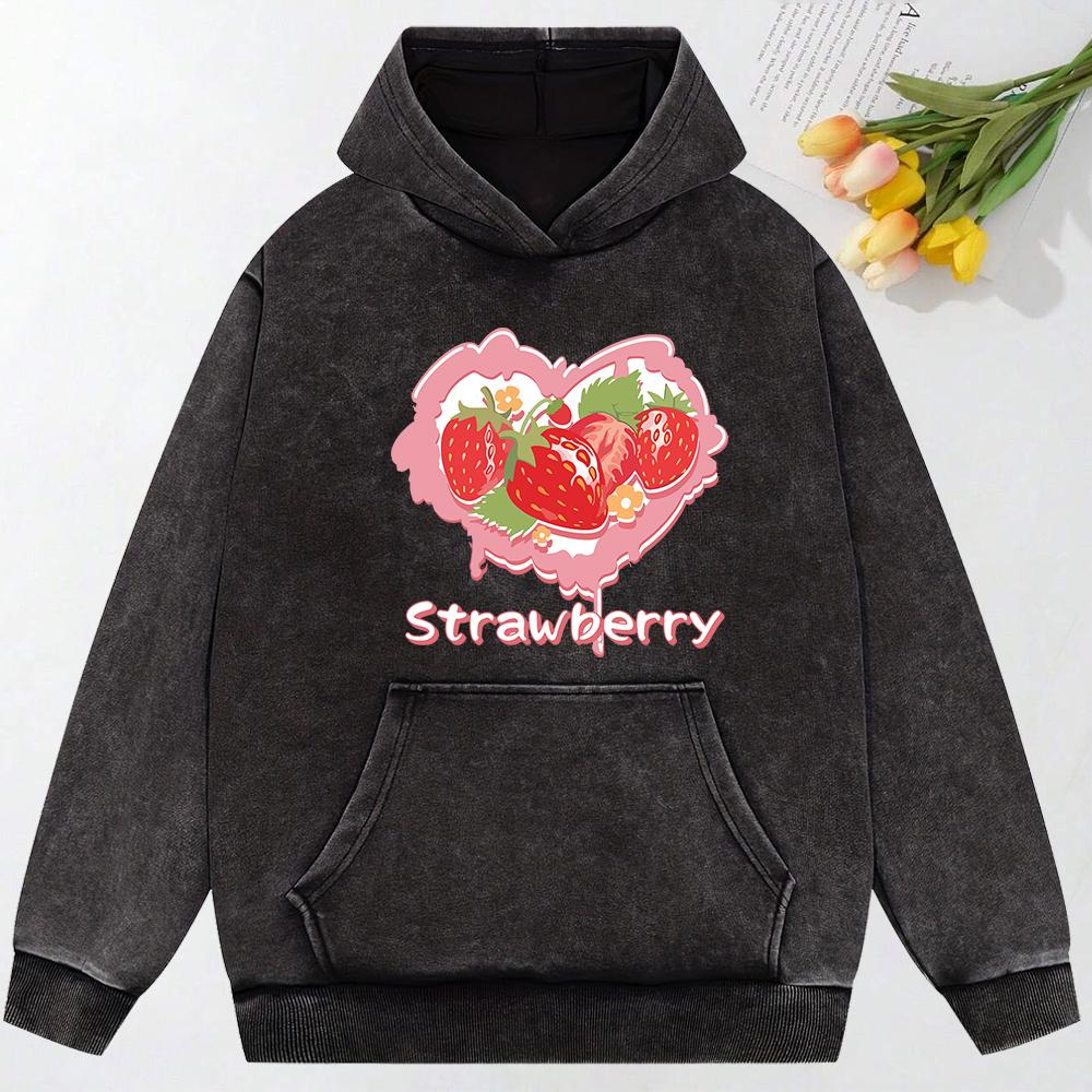Heart Strawberry  Print Washed Hoodie Women Y2K Comfortable Pocket Streetwear Fashion Hoody Hip Hop Cotton Clothing