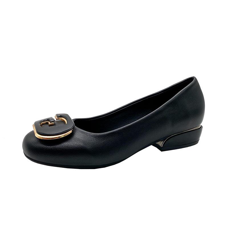 Coarse Heel Medium Soft Leather Pointed Versatile Leather Shoes Spring and Autumn Women's Shoes Medium Heel Shallow Mouth Square Buckle Single Shoes
