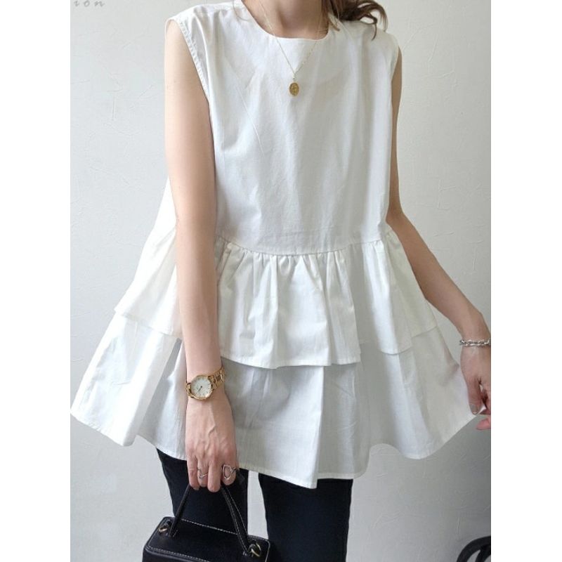Japan Fashion Korean Style Summer New Round Neck White Girl Frill Loose Sleeveless Vest Shirts All-Match Doll Shirt