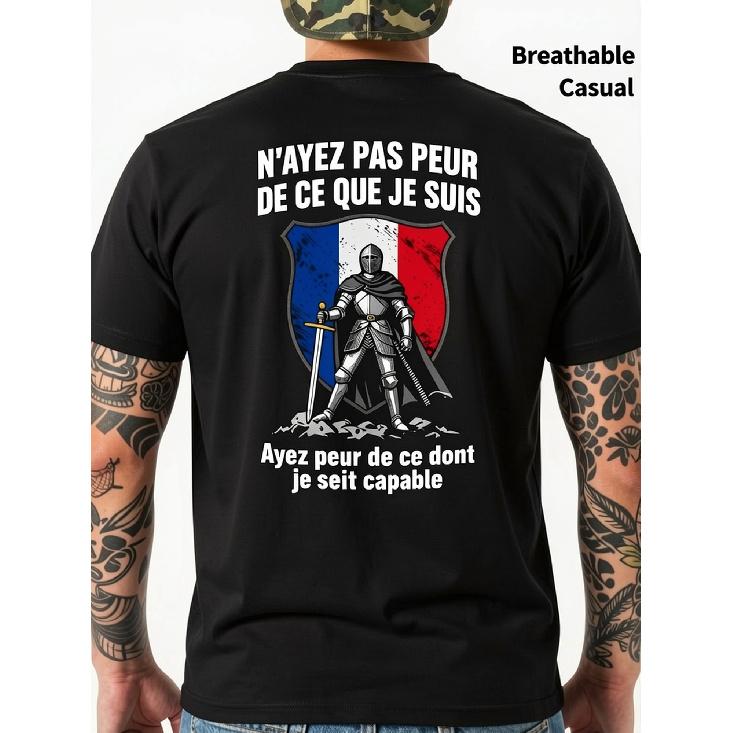 Men's French Revolution T-Shirt with French Shield Emblem & "Don't Be Afraid of Who I Am/N'ayez Pas De Ce Que Je Suis" Slogan - Breathable Cotton