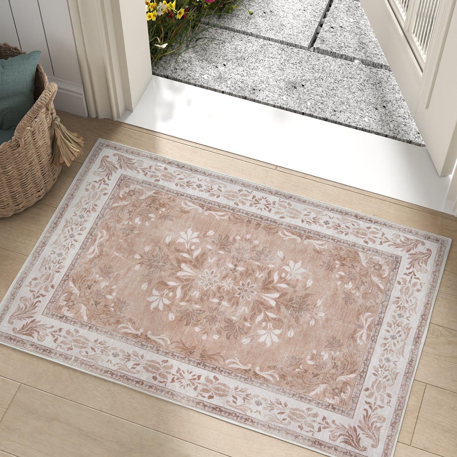 

Rectangular Retro Floral Pattern Elegant Door Mat Beige Anti Slip Mat Entrance Door Mat Carpet Home Living Room Decoration Rug 40cm x 60cm