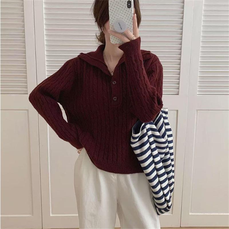 Retro twist lapel sweater women's top autumn and winter new lazy loose versatile temperament knitted sweater top