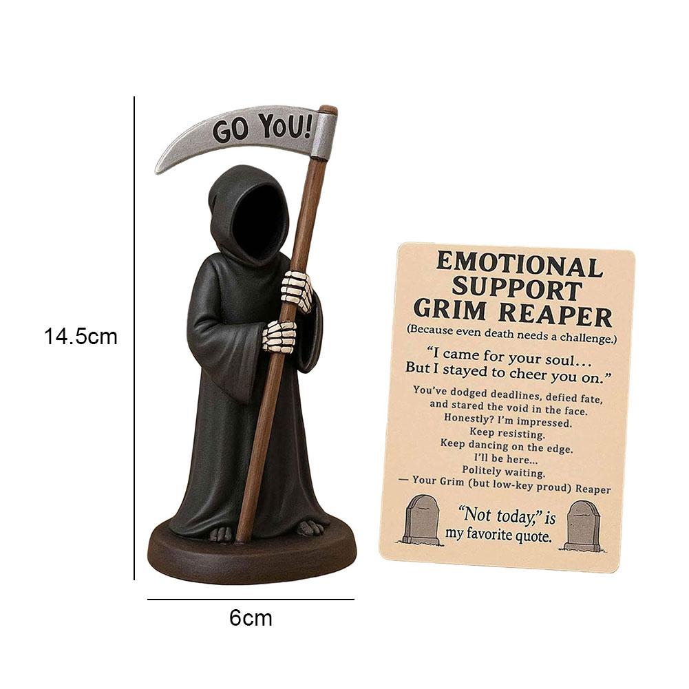 Emotional Support Grim Reaper Figurine with Support Card Gothic Skeleton Statue Desktop Ornament for Halloween Home Office Decor