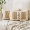 Tassels Throw Pillow Cover with Geometric Woven Texture, Neutral Farmhouse Cushion Cover for Living Room Bed Accent Decors