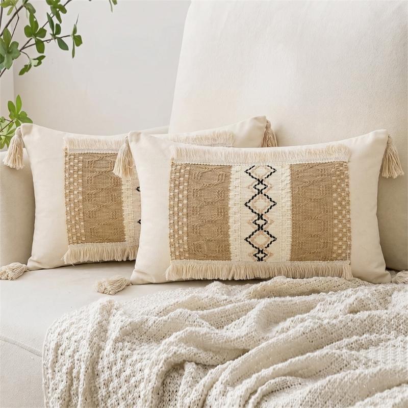 Tassels Throw Pillow Cover with Geometric Woven Texture, Neutral Farmhouse Cushion Cover for Living Room Bed Accent Decors