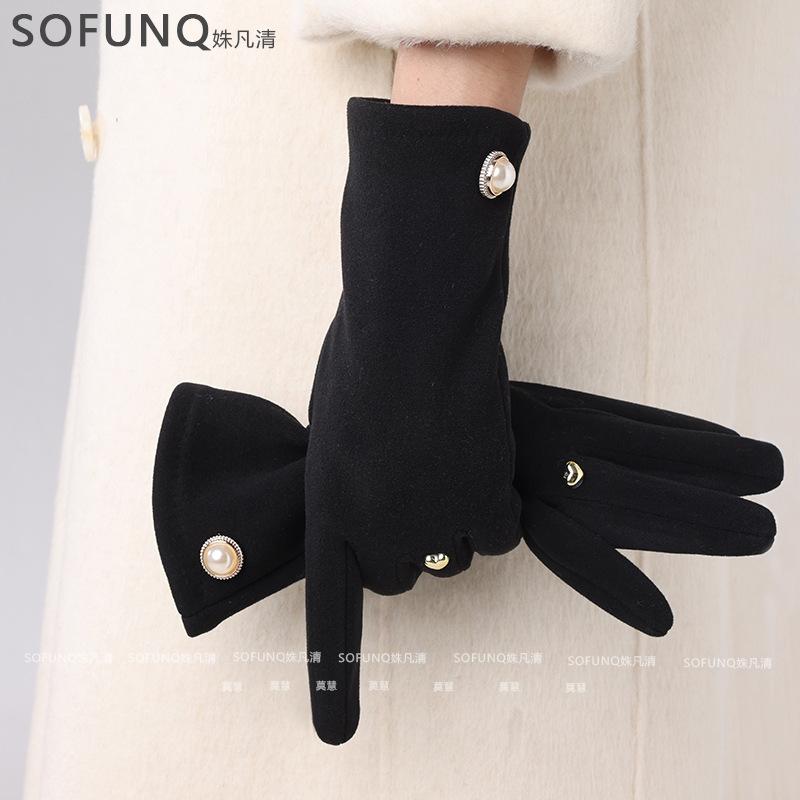 Осенние немецкие бархатные перчатки термоперчатки женские немецкий бархат сезон антикварная жемчужная откидная крышка открытый палец партия чёрный