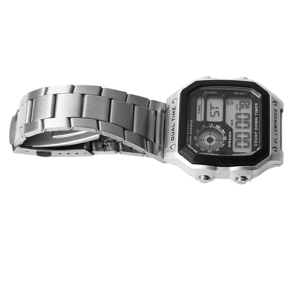 Generic Men's Vintage Digital Watch, Silver, Luminous, Waterproof, Stainless Steel Strap Buckle