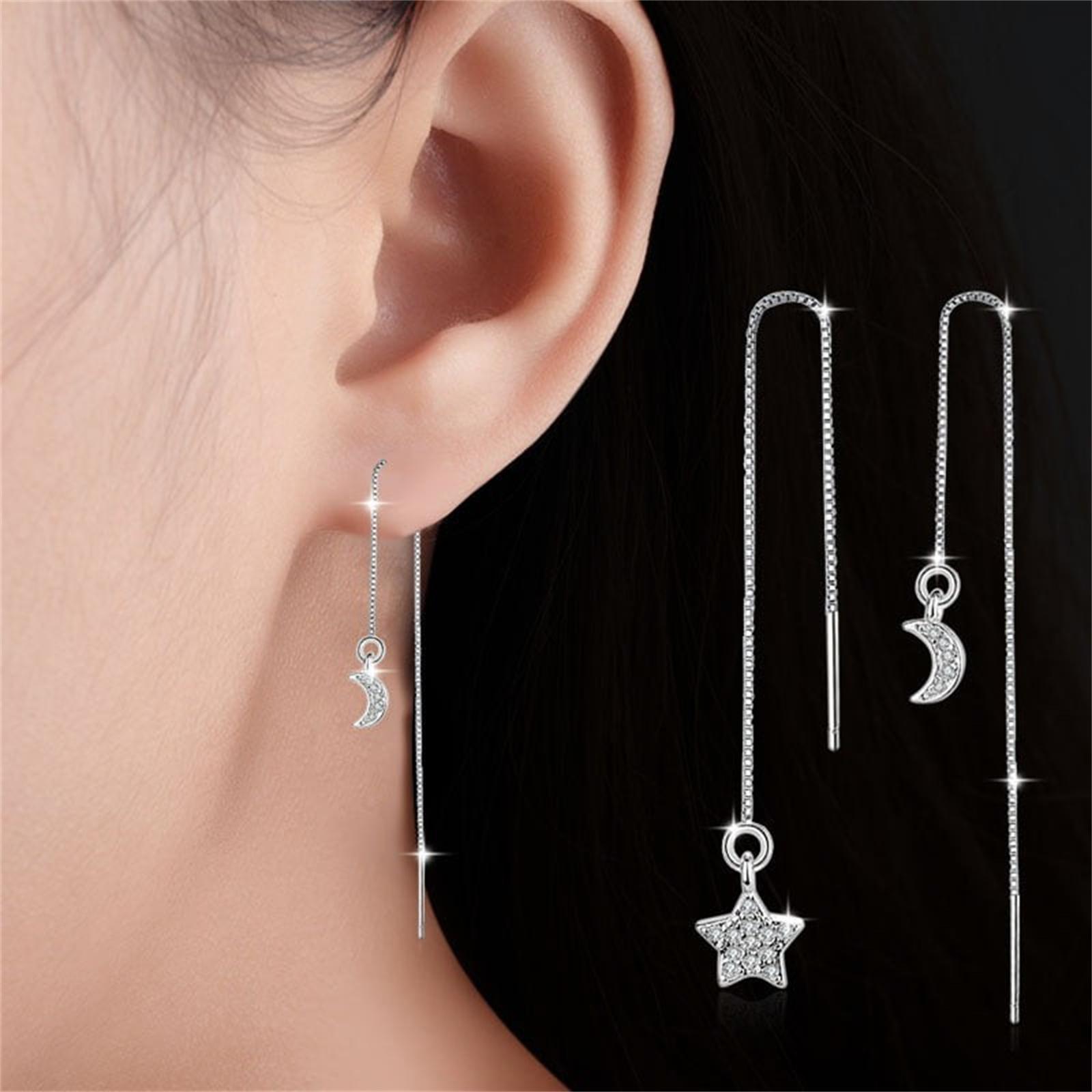 

Diamond-studded Long Asymmetrical Star Moon Tassel Earwire Earrings One Size срібний