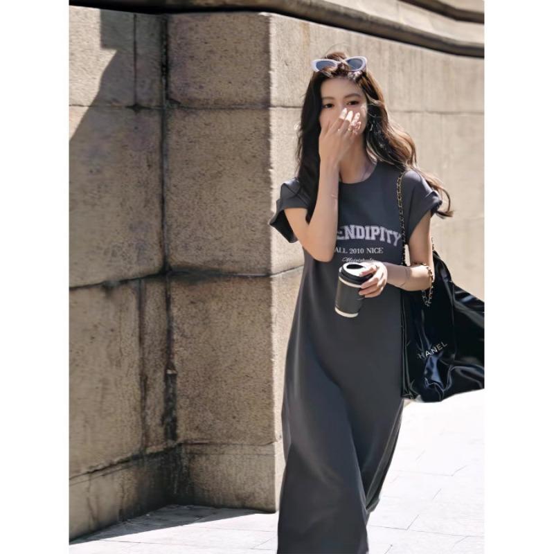 

Женское летнее новое длинное платье-футболка с рукавами-крылышками, повседневное модное свободное платье с принтом большого размера 4XL темно-серого