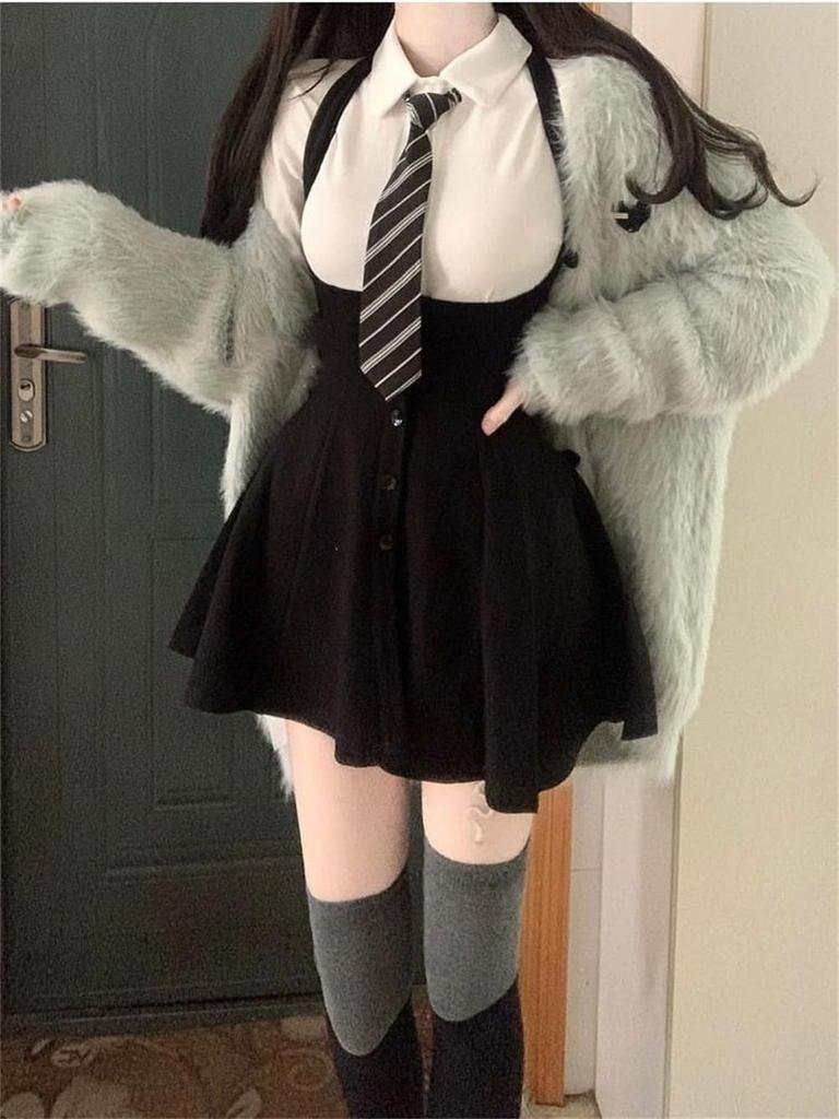 Dress Set for Top and Landmine Long or Short White Ribbon and Suspender School Harajuku Fall Photo [SDSXZWG] Mass-Produced Women, Bottoms, Tie, Style,