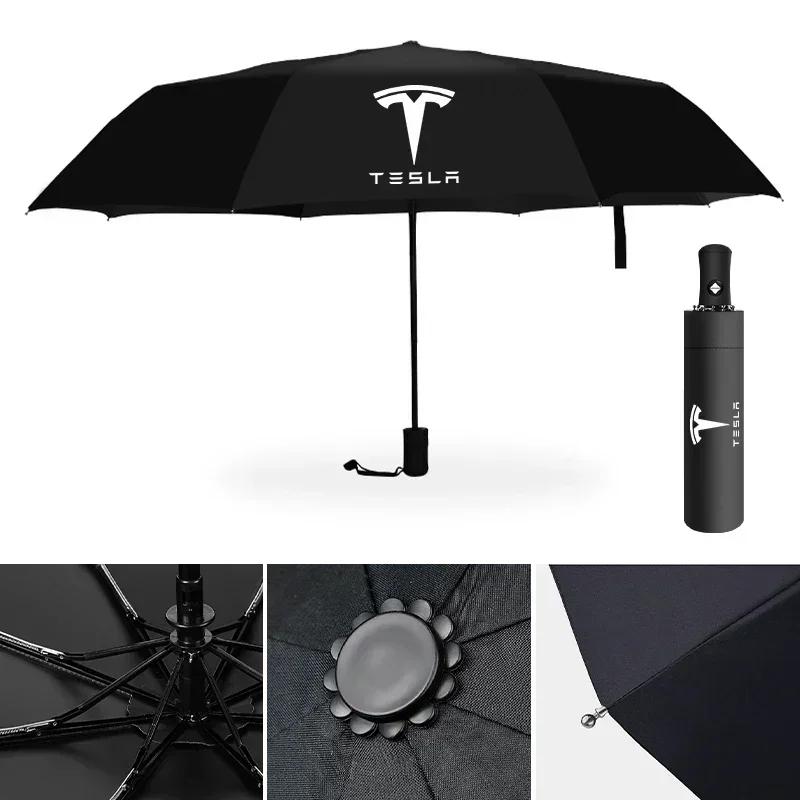 Autoaufkleber Tesla Auto Faltbarer Regenschirm Tragbarer Automatischer Sonnenschutz Für Tesla Emblem Model S Model X Model 3 Roadster Cybertuck A