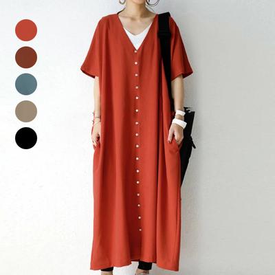 New Summer Short-sleeved V-neck Loose Dress 3-color Shirt Long Skirt