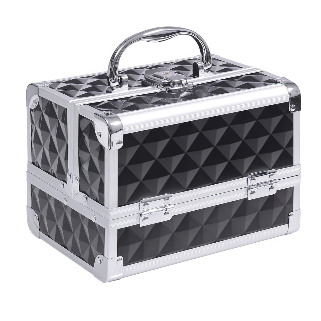 Makeup Case, Mirror, Lock, Compartments, 20x15x15 Cm, Aluminum, Black