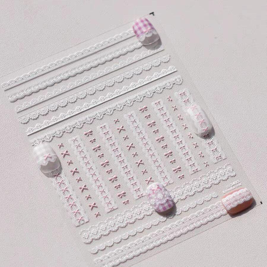 Spicy Girl Bow & Heart Plaid Nail Stickers - Cool Pink Embossed Design White Lace Bow [CF-215] 1 Sheet