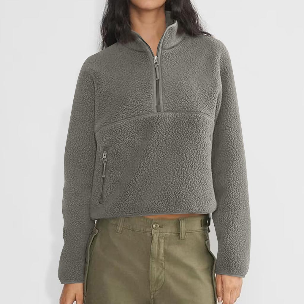 Women's Short Half-Zip Fleece Sweatshirt Plush Warm Cardigan