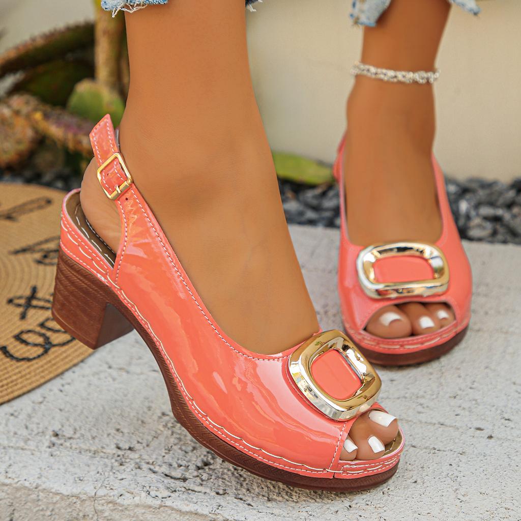 Sexy Patent Leather Thick High Heeled Sandals Women Metal Ring Peep Toe Platform Sandles Woman Back Strap Summer Mujer