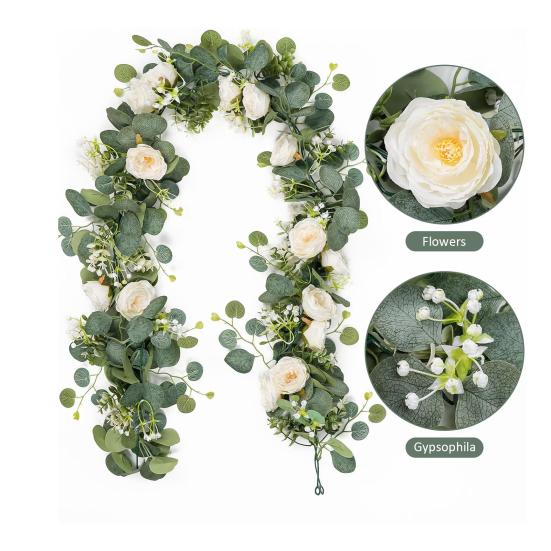 Artificial Eucalyptus Flower Garland with Rose Faux Floral Greenery Garland Fake Rose Flower Vine for Wedding Party Wall Backdrop Decor