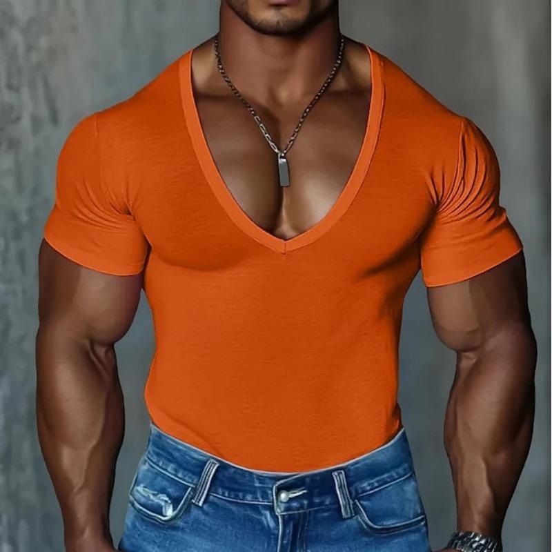 Herren Deep V-Ausschnitt Kurzarm T-Shirt Slim Fit Muskel Lässig Einfarbiges Oberteil