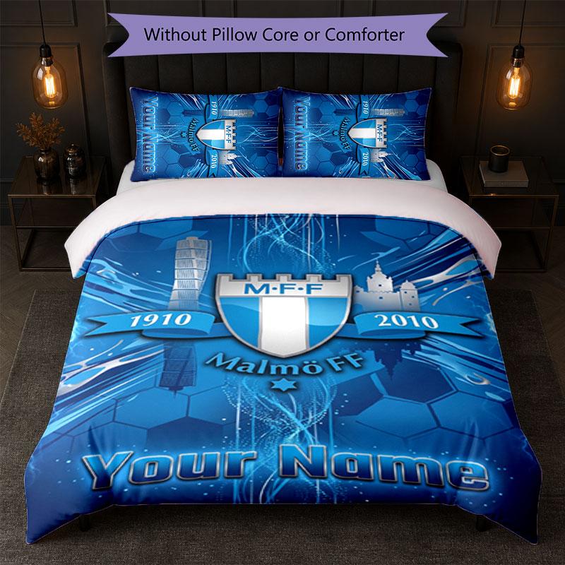 Malmö FF Custom Name Text Bedding Set 1 Duvet Cover+2 Pillowcases Soccer Logo Personalized Gift For Special Occasion Bedroom Decor