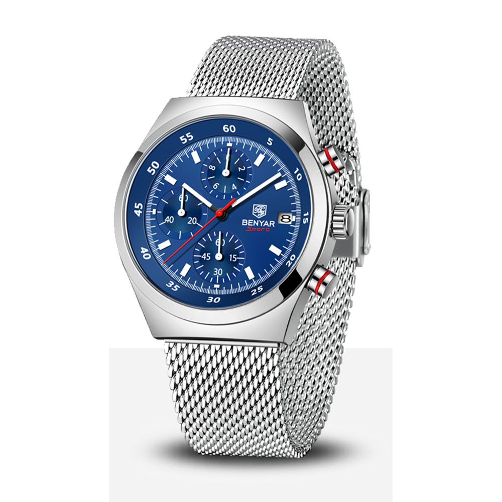 BENYAR 5200 Men's Multi Functional Timing Quartz Watch Calendar Night Light Waterproof Stainless Steel Watches for Man