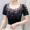 Summer Women T-Shirt Chic Sexy Lace Hollow Embroidery Flower Patchwork Mesh Tops Elegant O-Neck Diamonds Short Sleeve Tees