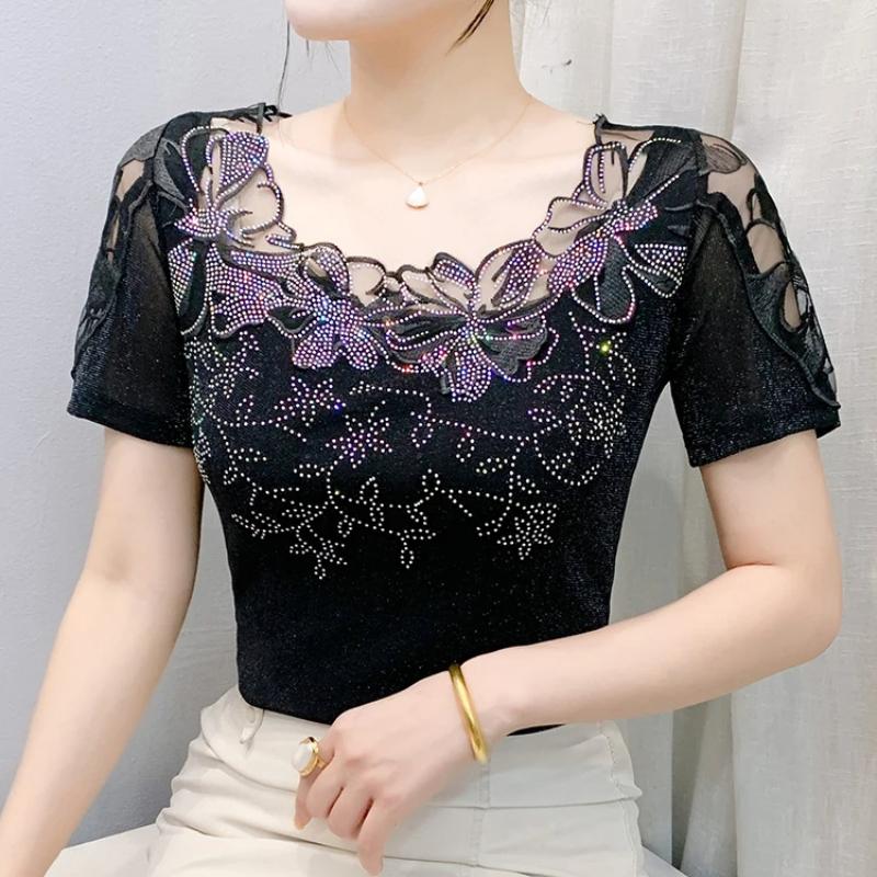 Summer Women T-Shirt Chic Sexy Lace Hollow Embroidery Flower Patchwork Mesh Tops Elegant O-Neck Diamonds Short Sleeve Tees
