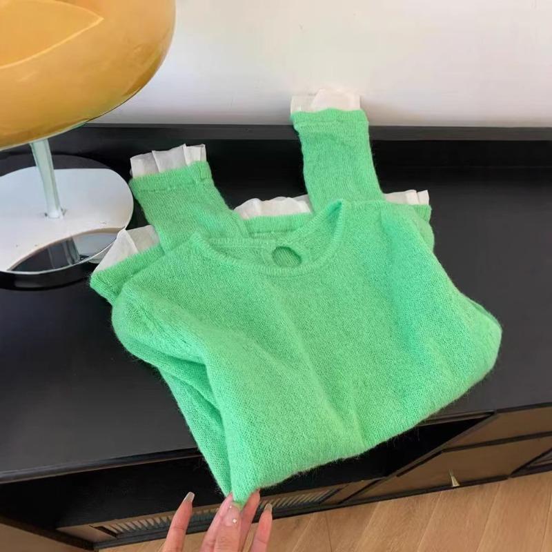 

Green fake two-piece knitted sweater long-sleeved t-shirt women s unique single wear thin temperament front shoulder top one size fits all зелёный