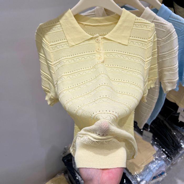 

Рубашка-поло с лацканом и вырезом, трикотажный свитер с коротким рукавом, новый и нишевый топ с рукавом до локтя для женщин летом one size жёлтый