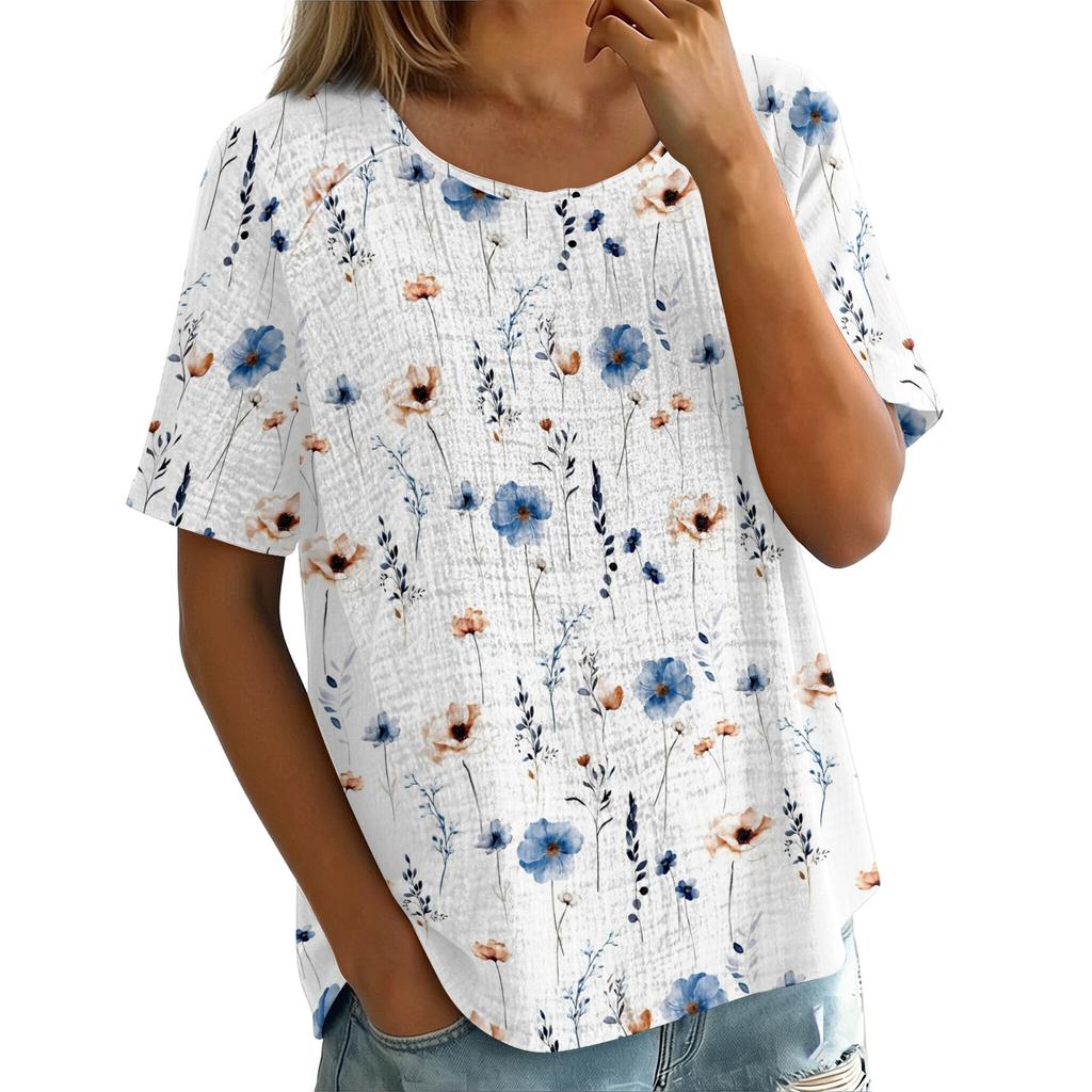 Damen Vintage Print Kurzarm Top - Rundhalsausschnitt, Baumwoll-Leinen-Stoff