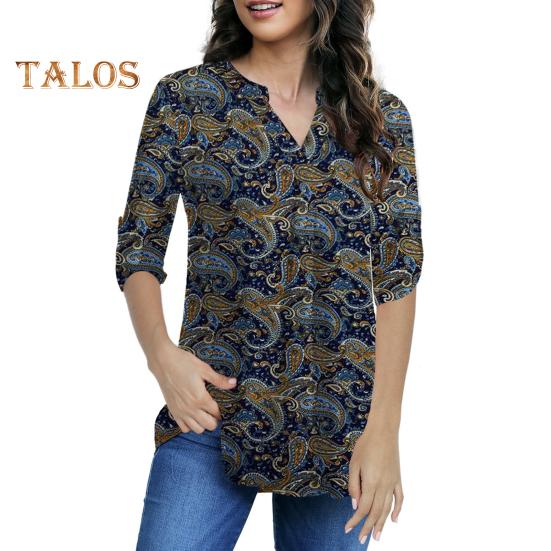 Women Shirt V-neck 3/4 Roll-Up Sleeves Lightweight Tops Flower Print Flowy Hem Tunic Tops Daily Wear