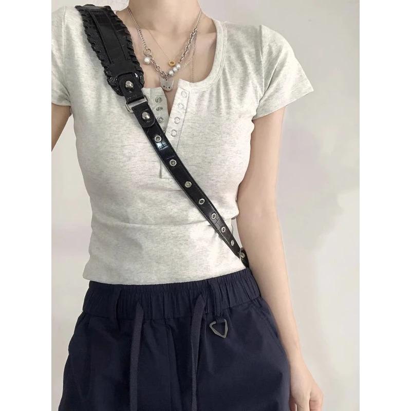 Summer Women s Henley Neck Slim Fit Short Sleeve Crop Top S