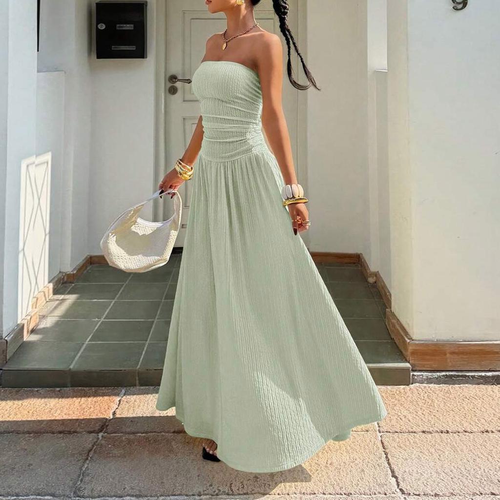 Women Sleeveless Strapless Tube Top Maxi Dress Casual Fitted Elegant Ruched Bodice Flowy Long Dress for Summer Party Vacation