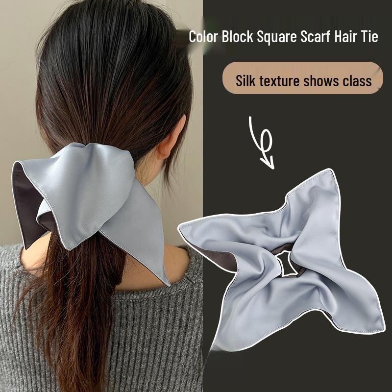 Two-Tone Satin Square Scarf Hair Tie: Fashionable Elastic Band for Women's Hair