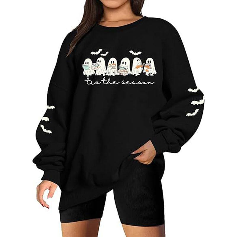 Hallowmas Ghost Print Long Sleeve Sweatshirt Women Crew Neck Oversized Pullover Top
