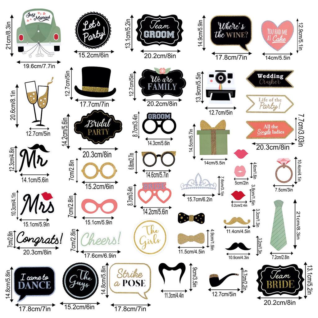 Team Bride Wedding Photo Booth Props - 40-Piece Set