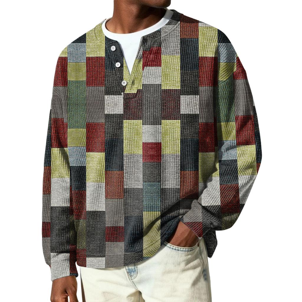 Męski sweter z dzianiny prążkowanej z długim rękawem, z kołnierzykiem zapinanym na guziki