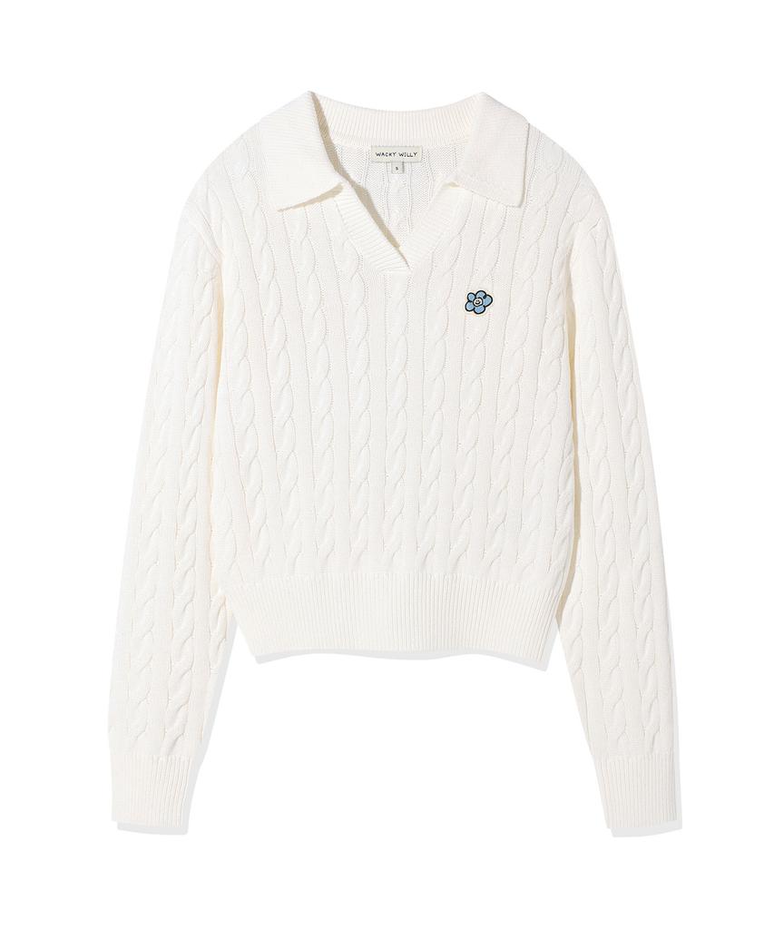 WACKY WILLY Women'S Cable Open Collar Pullover Cream