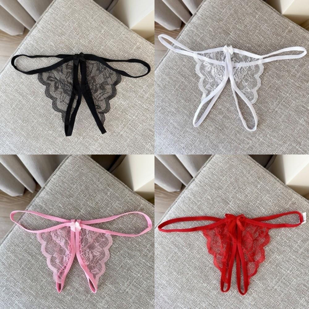 Open Crotch Bow Mesh Lace Panties Hollow Thin Belt Thong Underwear for Women Valentine's Day Gift