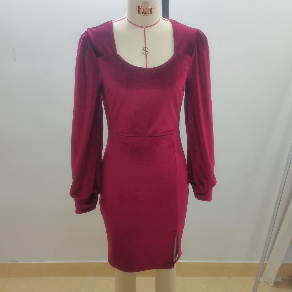 2024 Elegant Velvet Square Neck Slim Fit Dress with Mutton Sleeves for Autumn/Winter