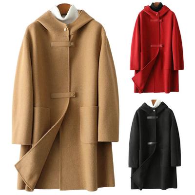 Winter Double Sided Woolen Coat Women Solid Color Hooded Overcoat Loose Large