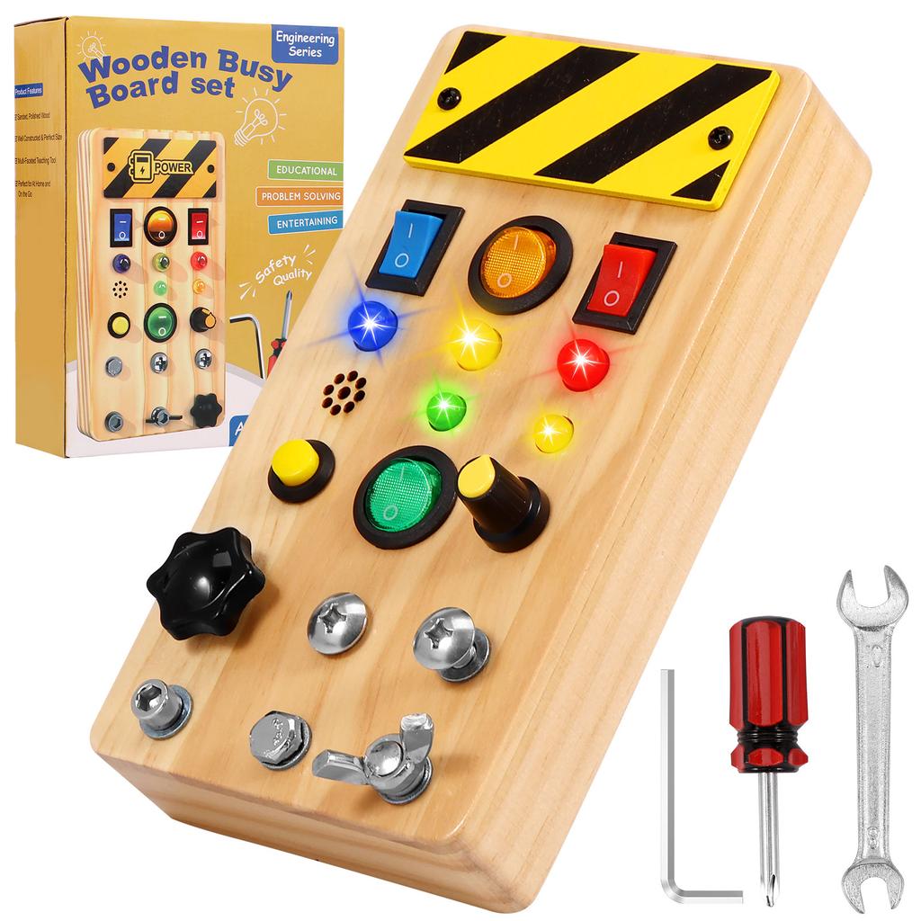 Montessori Wooden Busy Board With Led Light Switches, Sensory Toys Light Switch Fidget Board Travel Toys For Toddler