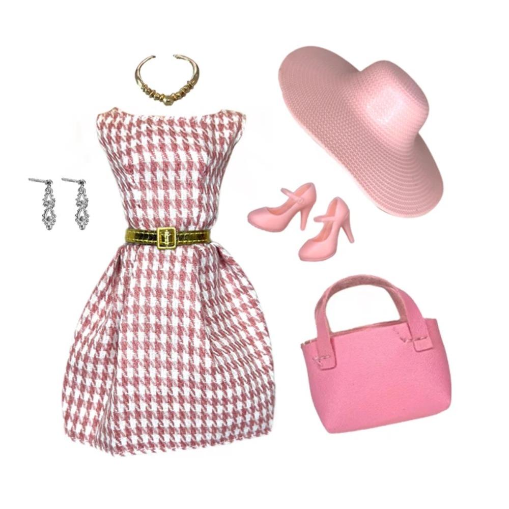 Elegantes Puppenoutfit für 1/6 Puppe Modepuppe Rosa Hahnentritt-Kleid Hut Goldener Gürtel Handtasche mit Schuhen Set