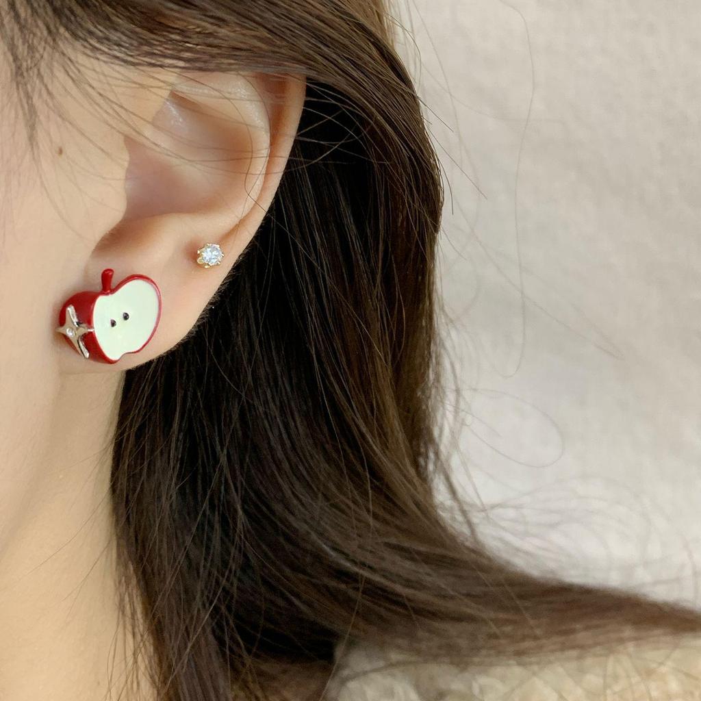 Náušnice kreslené červené jablko na jarní svátky - Stříbrná jehla Sladká zábava na Nový rok